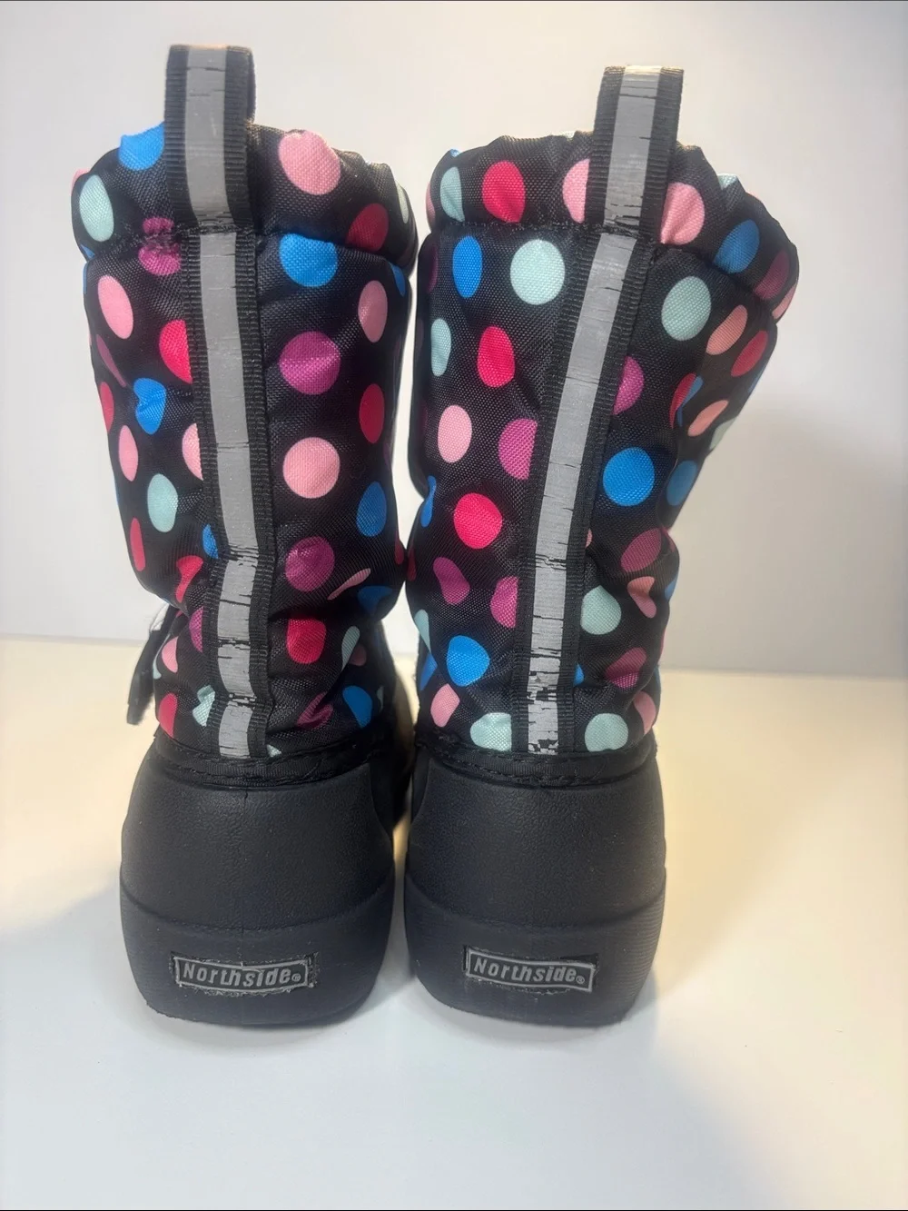 Northside Kids Black Rain & Snow Boots with Pink Blue and White Polka Dots